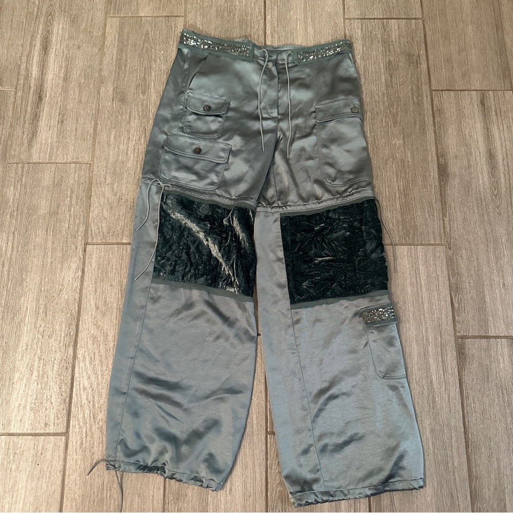 Anna Sui- NWOT Teal Silk, Sequin and Velvet Cargo Pants - Picture 2 of 5